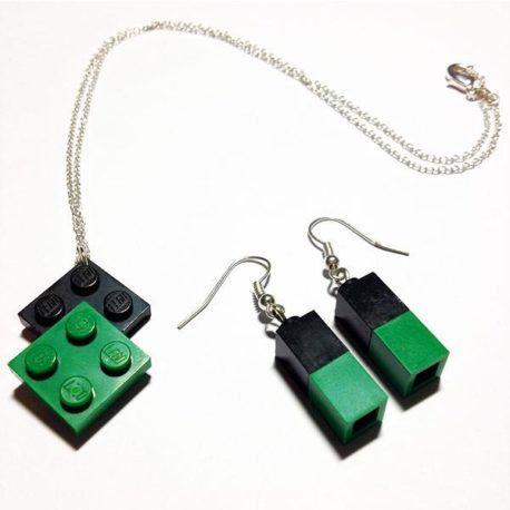 Conjunto pendientes y collar negro y verde bisutería artesanal LEGO®