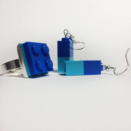 Conjunto pendientes y anillo azul doble bisutería artesanal LEGO ®